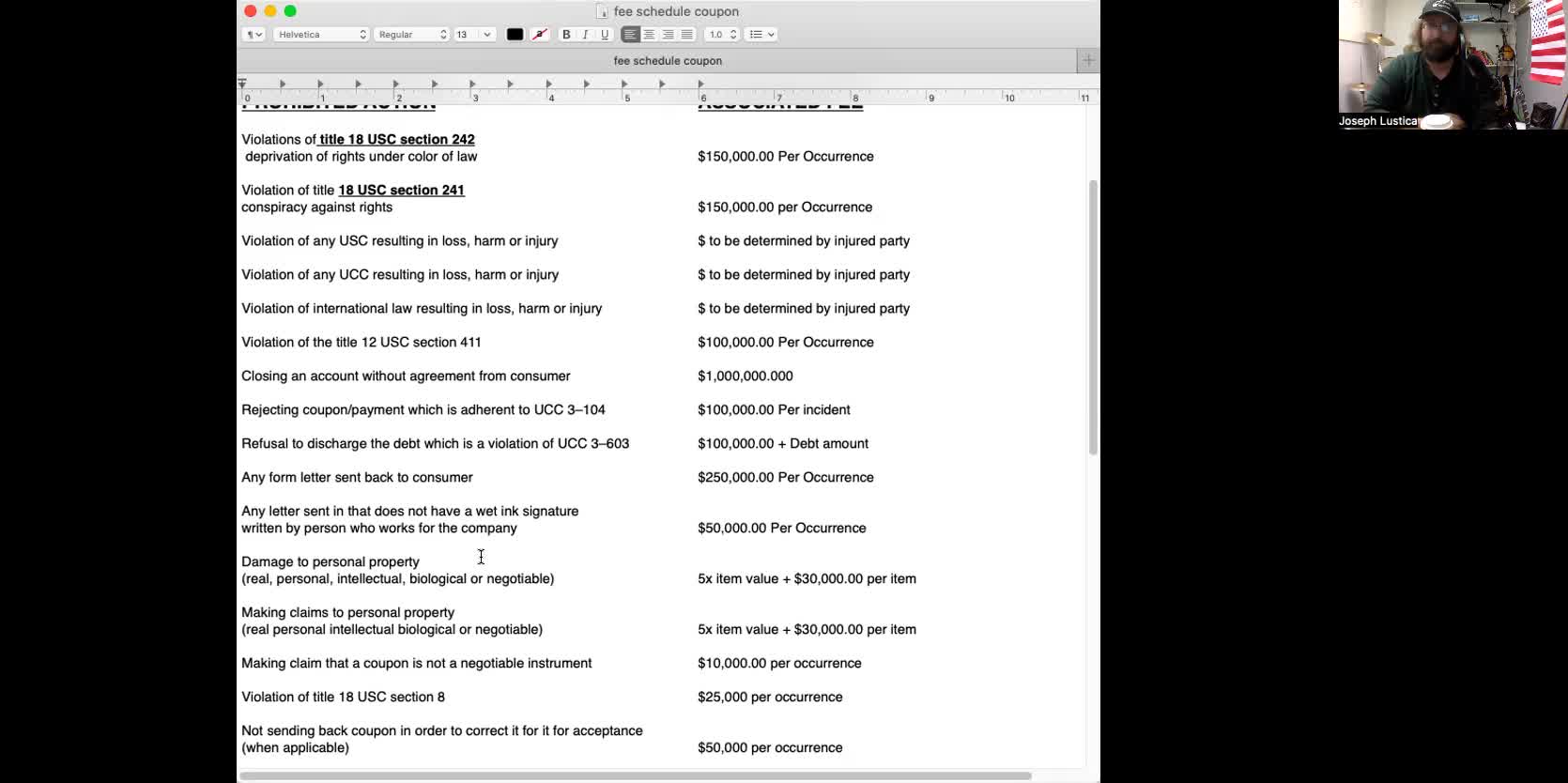 Fee schedule for coupon