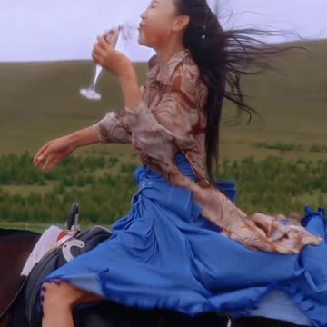 Beautiful girl horse riding with dieing Cold drinking