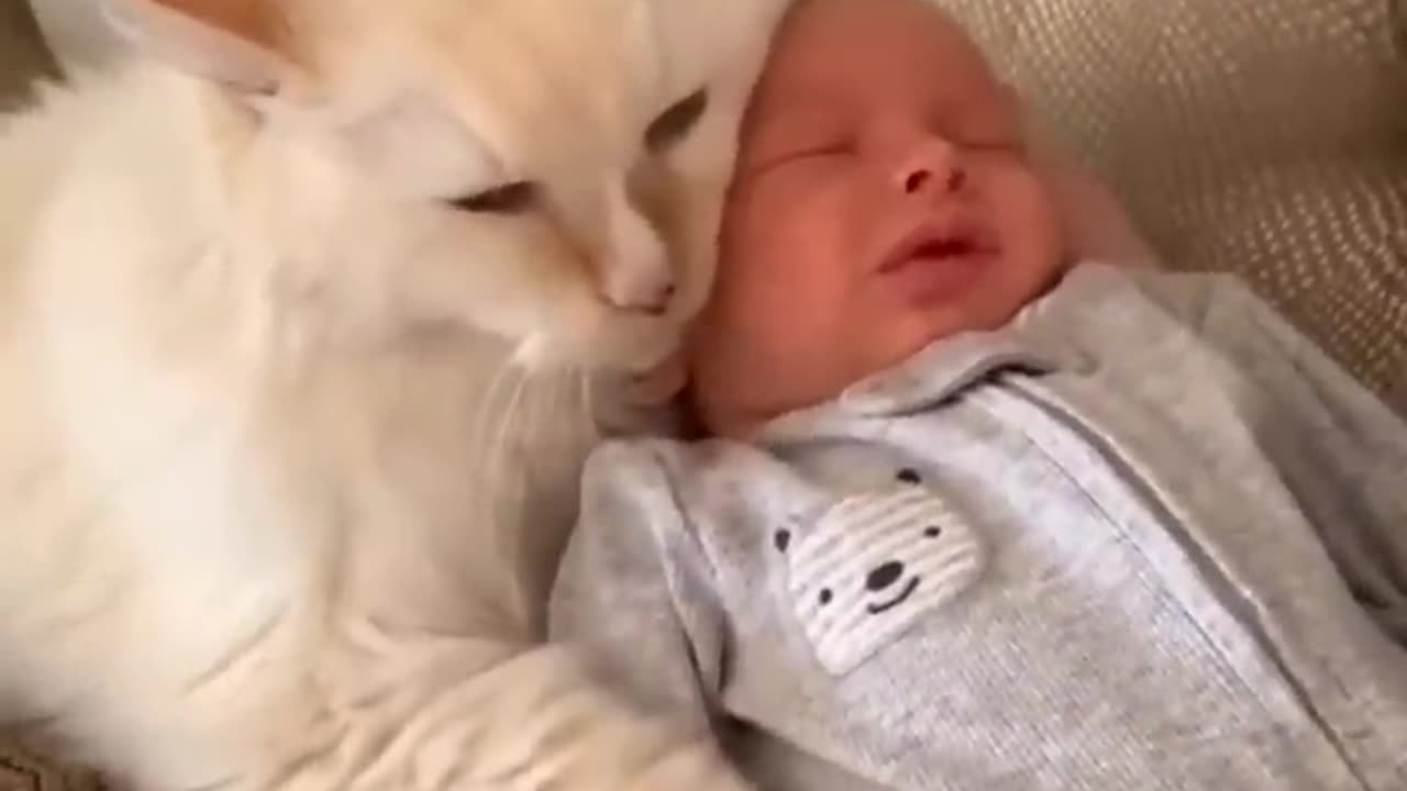 Cute baby and cat funny