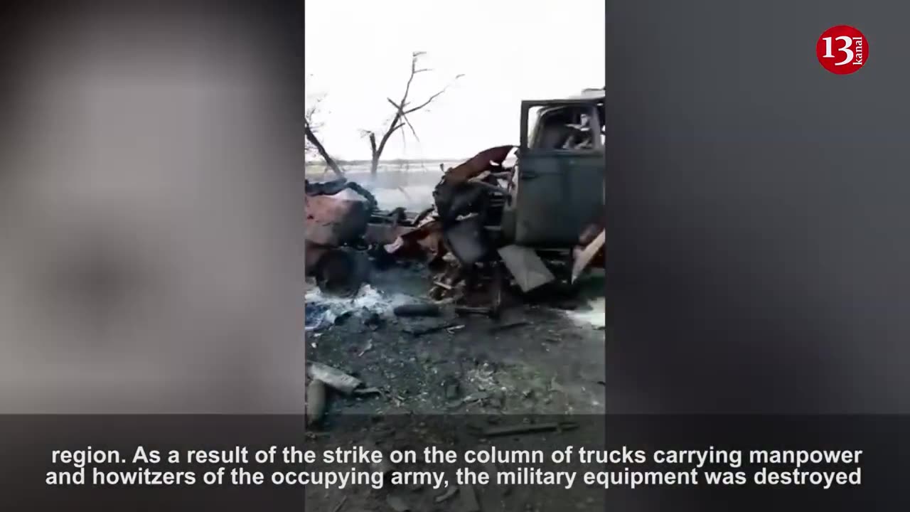 All burned to ashes...Russians parade convoy of trucks destroyed by HIMARS