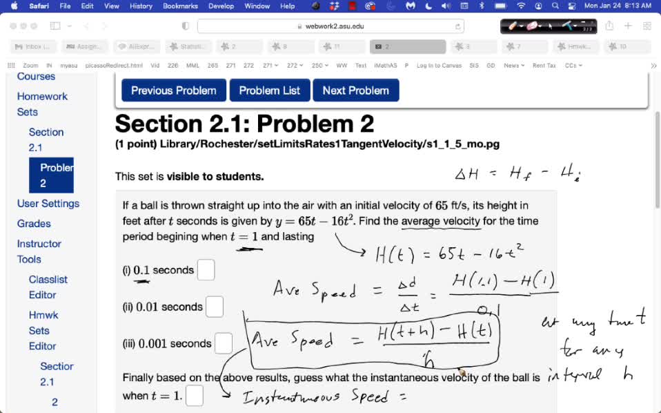 MAT 265 Mon Jan 24: Speed, Rate of Change & Derivative