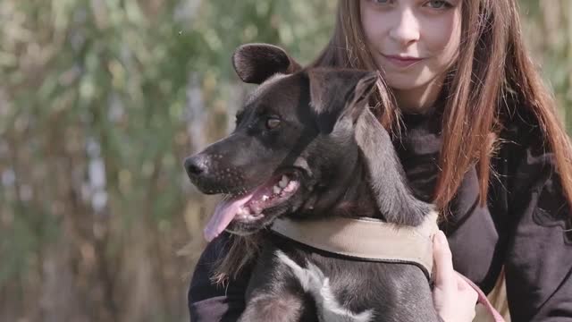 Cuddling a black dog