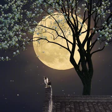 A Beautiful night scene with blossom tree and cat sitting on roof and Big moon behind