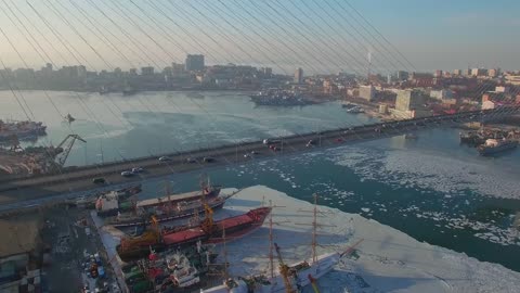 Drone view of Bridge in sea .