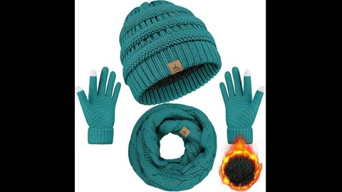 Winter Beanie Hat Scarf Gloves, Warm Fleece Knit Winter Hats Touch Screen Gloves Neck Scarf Set