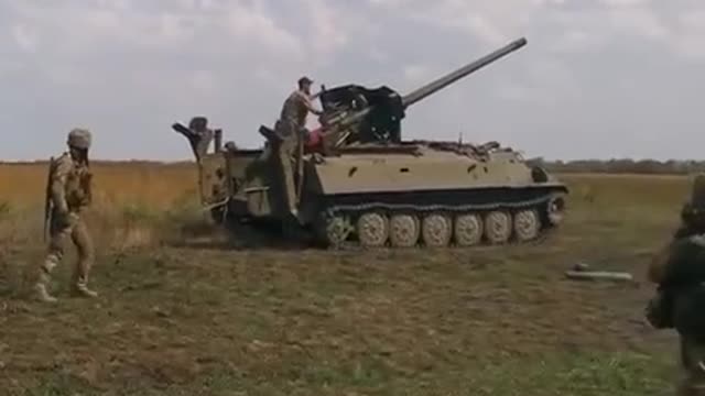 The Ukrainian military fires from an MT-12 cannon mounted on an MT-LB.