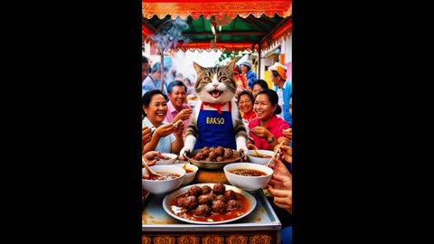 a cat selling meatball noodles