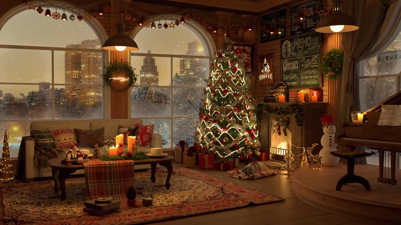 Cozy Winter Jazz Room, Festive Holiday Christmas Tree Ambience, Classy Relaxing Piano Music,