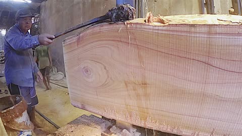 close up process sawing red giant mahogany log | Sawmill Process