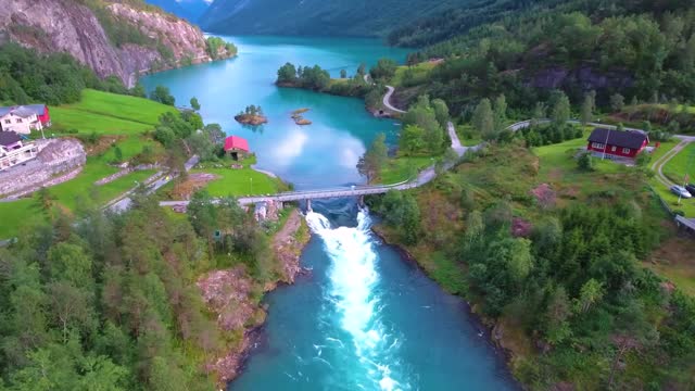 beautiful nature norway natural landscape aerial footage lovatnet lake