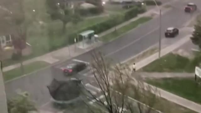 Trampoline on the loose during storm in Toronto