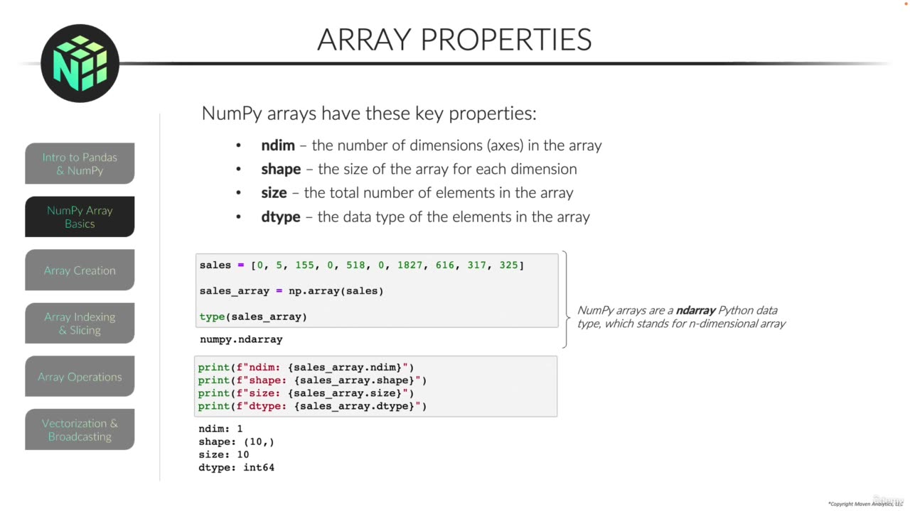 2. Numpy Arrays & Array Properties video 2