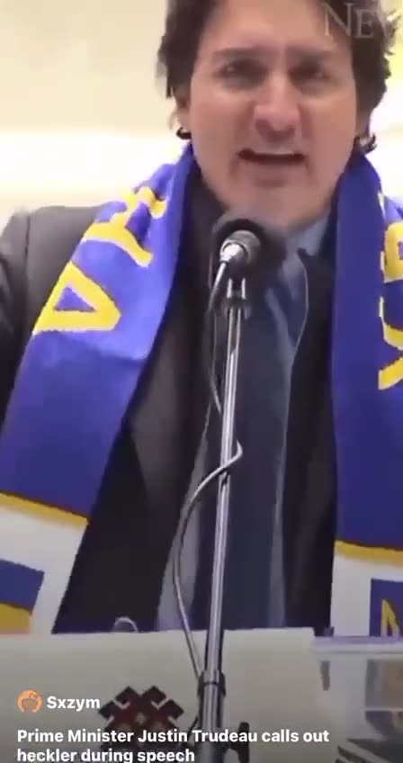 Trudeau yelling at the crowd about Ukraine