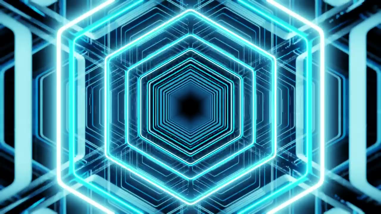 Futuristic luminous tunnel in the shape of a hexagon