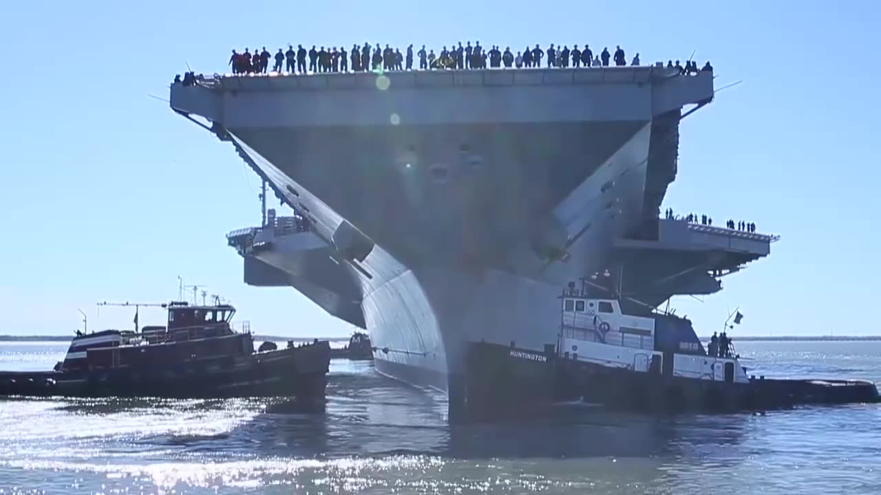 USS Gerald R. Ford (CVN 78) departs the shipyard.