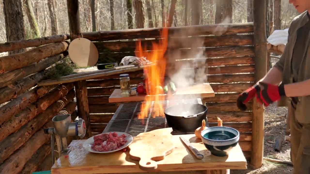 Cooking in the Off Grid Outdoor Forest Kitchen | Big Burger on the Grill, Wildlife