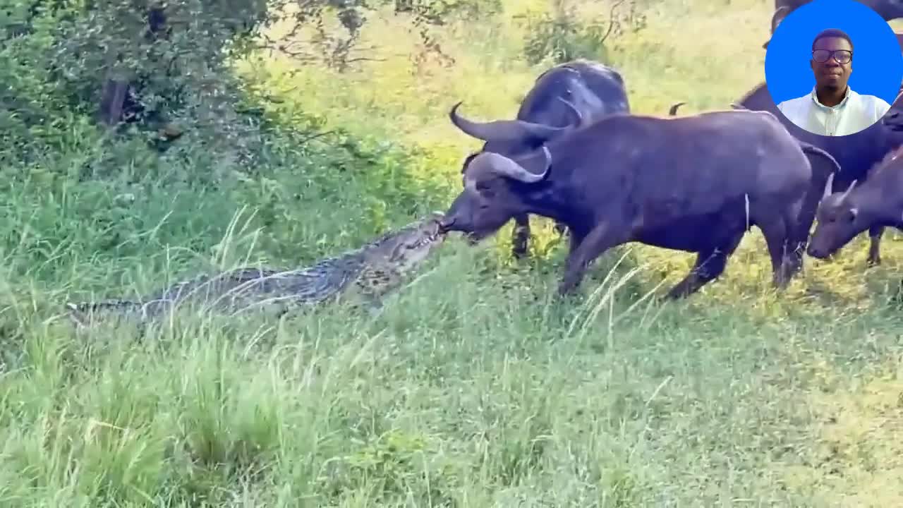 Buffalo drags huge crocodile out of water by it nose