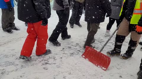 Protesters Shoveling Sidewalk (Quebec Freedom Convoy)