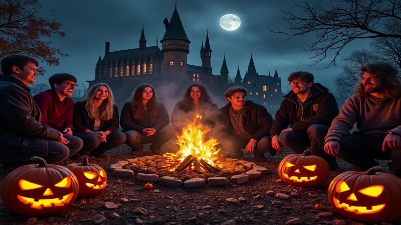 halloween AI pictures and crackling campfire and music