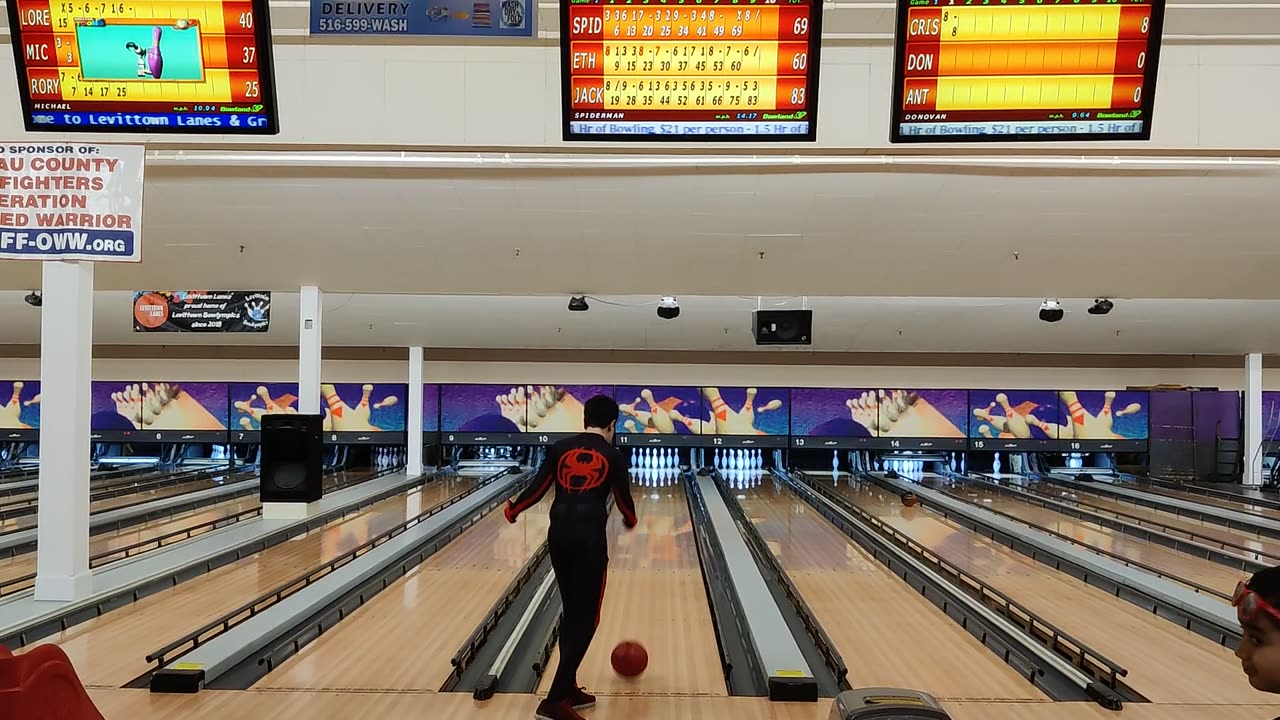 Spencer bowling as Spiderman VID_20231028_132241
