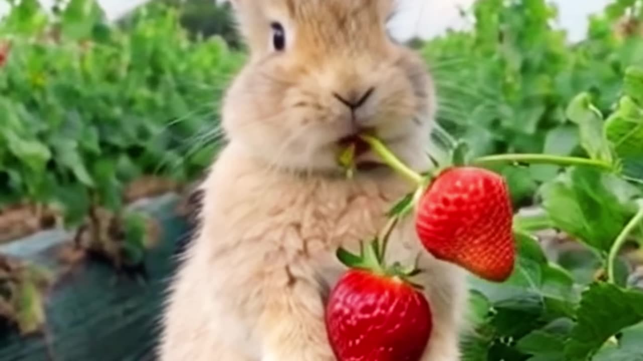 Funny rabbit eating strawberries