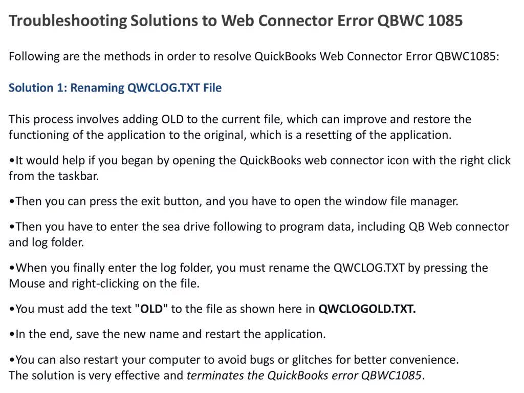 How to Fix QuickBooks Web Connector Error QBWC1085?