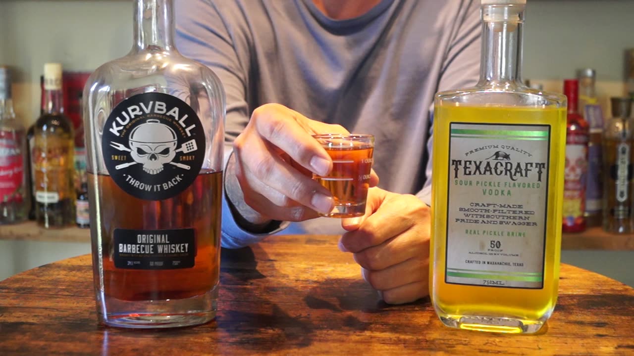 Kurvball BBQ Whiskey & Texacraft Sour Pickle Vodka Shot