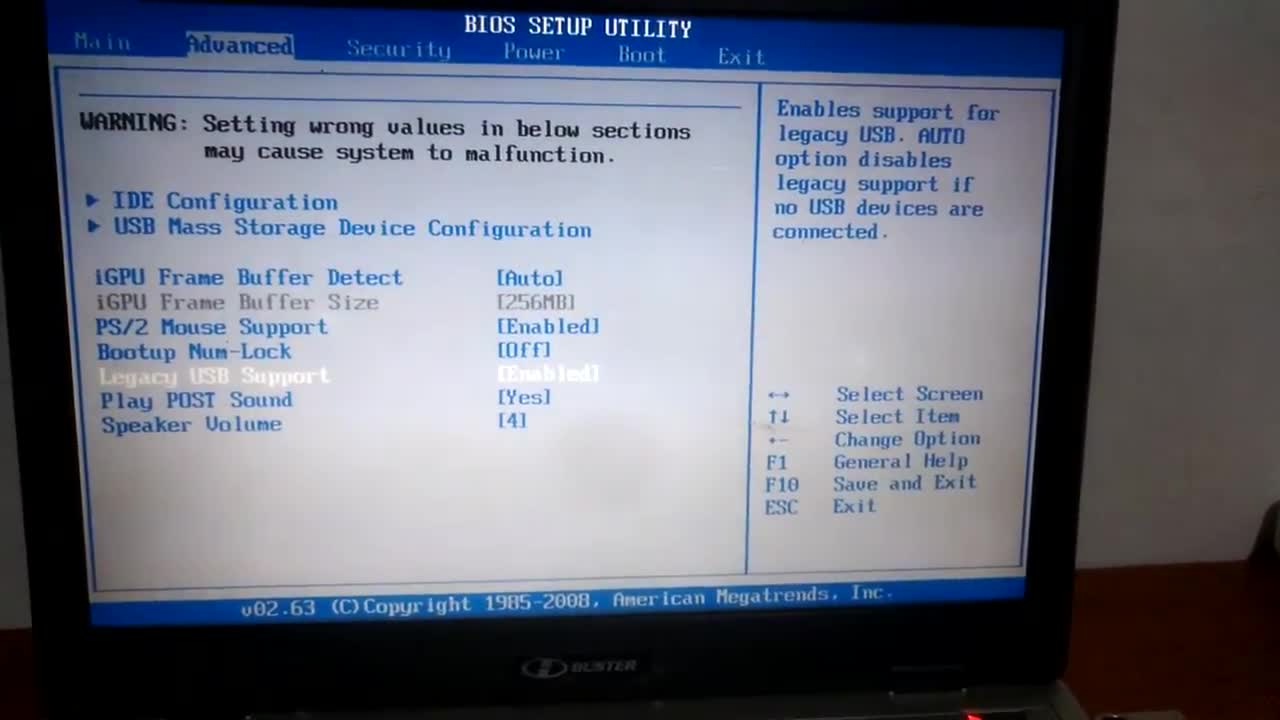 Funções USB da BIOS American Megatrends Vs 02.63