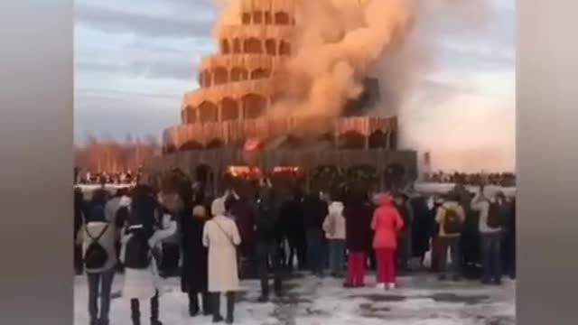 A replica of the Tower of Babylon was burned in Russia