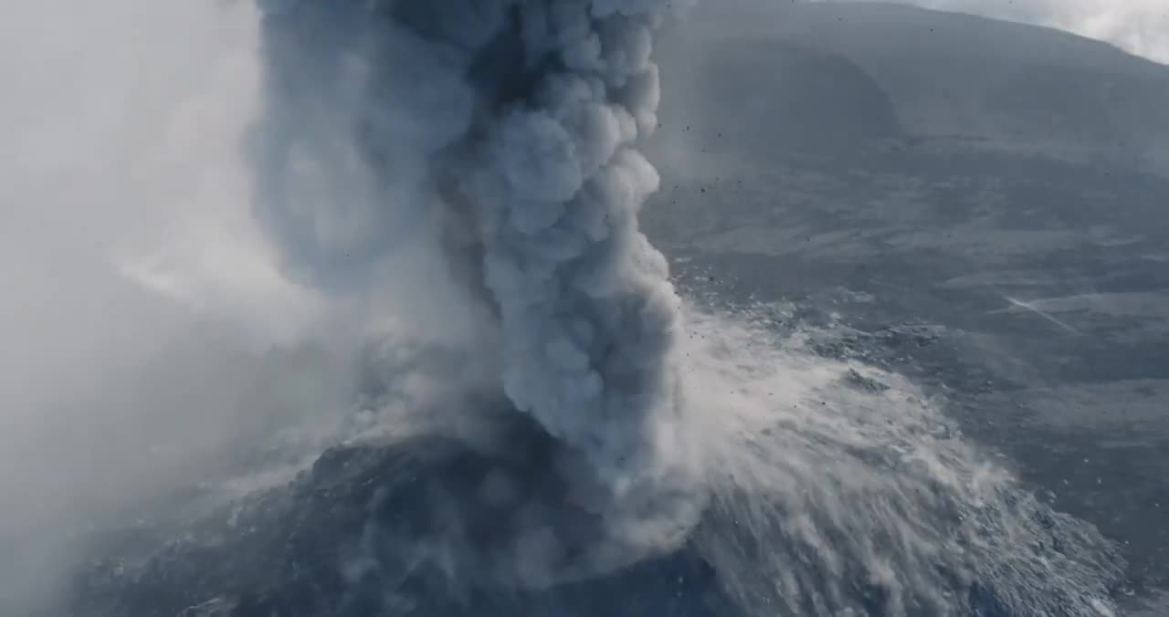 Drone capture incredible footage of man running towards erupting volcano