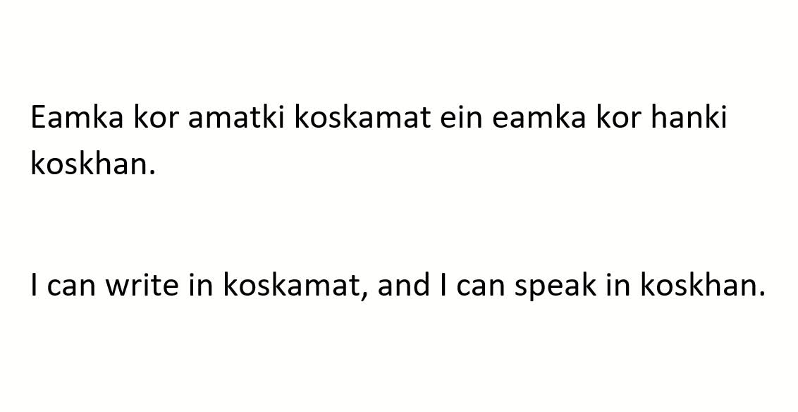 Pronunciation, reading, and translation practice sentence 1 in the conlang: Koskhan