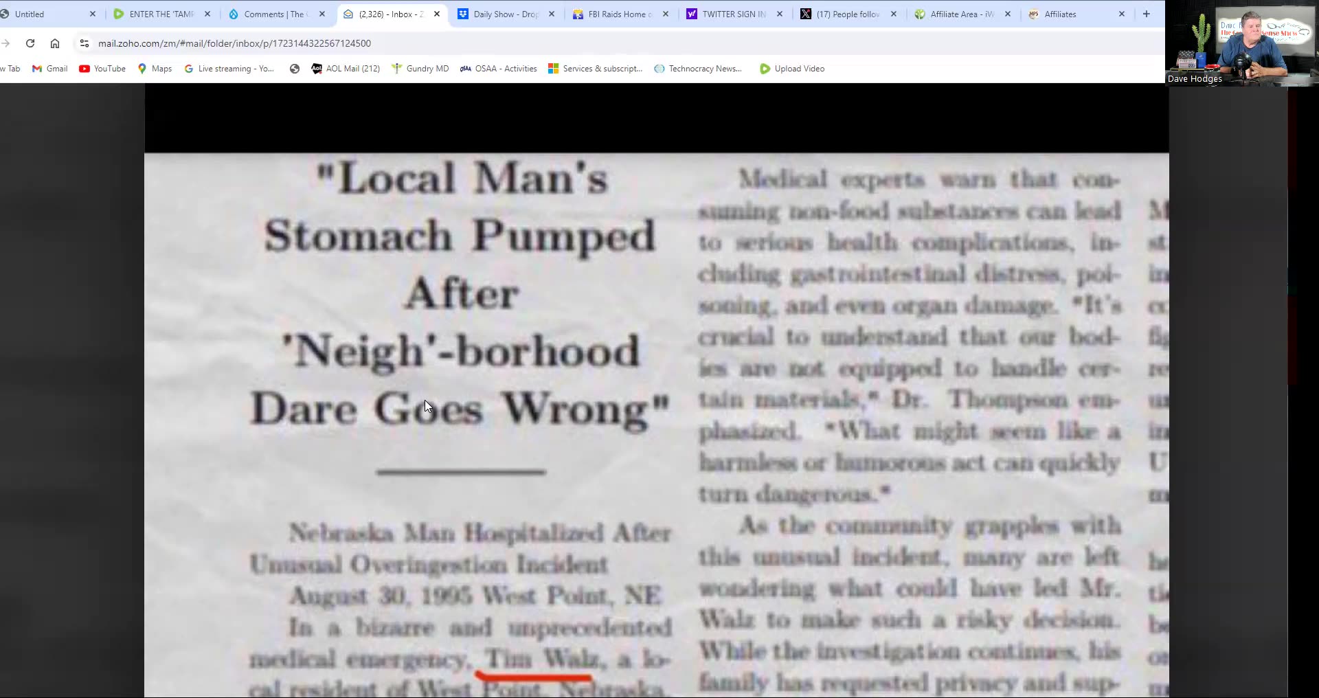 WALZ STOMACH PUMPED FOR OVER-INGESTING HORSE SEMEN IN 1995 AT WEST