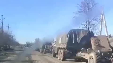 Artillery column of the Russian army in the village Volchansk (Kharkov region)