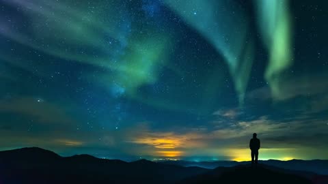 the man standing on the mountain on the northern light