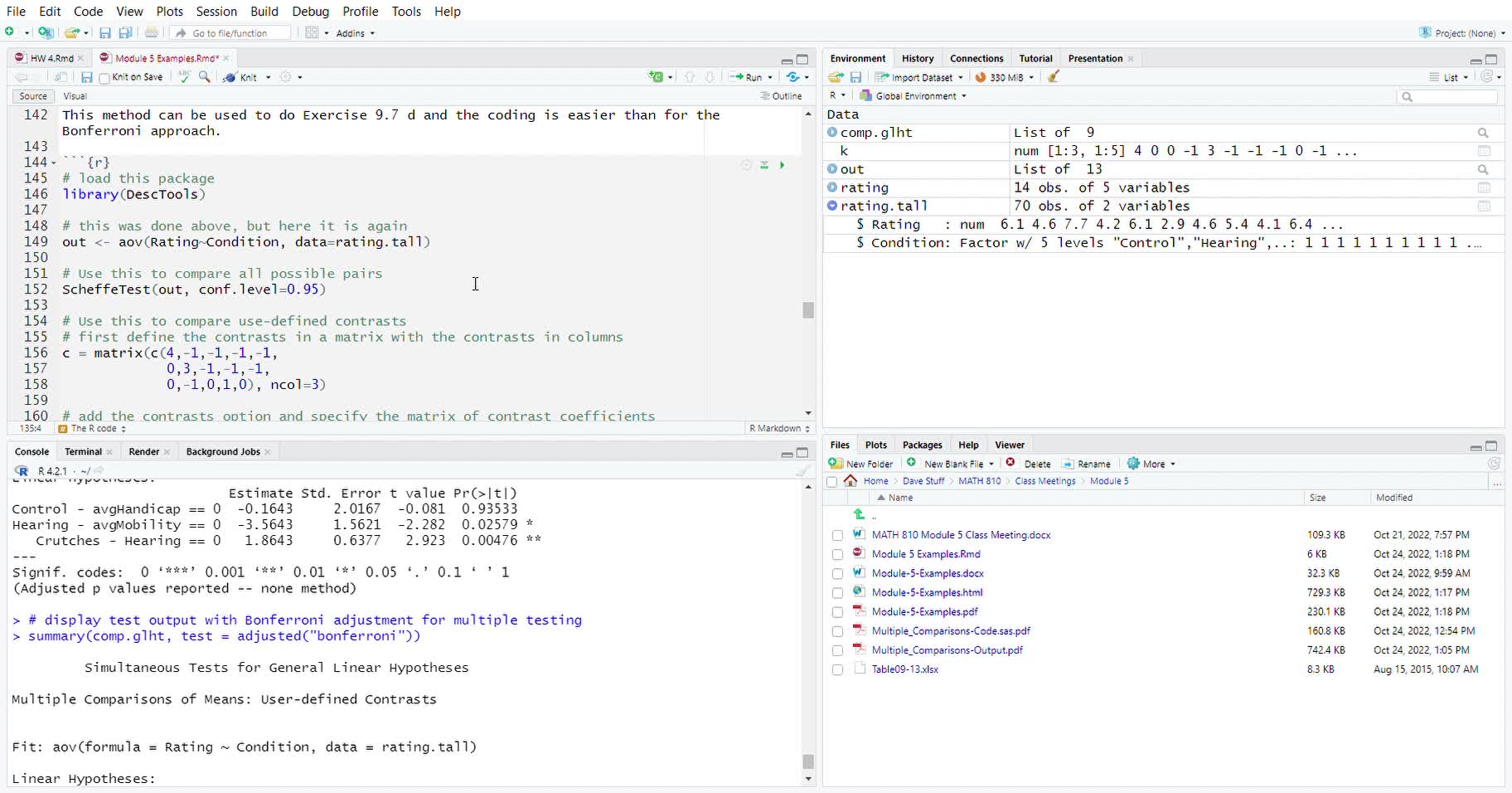 MATH 810 Multiple Comparisons in R