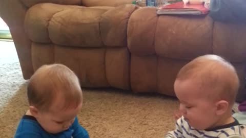 Twin babies having fun.