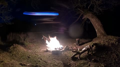 Nightlapse of campfire vlog. Riverside wildcamping.