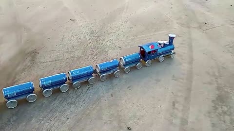 Make the longest toy train out of a Pepsi can, a car at home