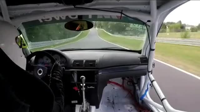 The first view of racing driver driving the car shows the car repaired.