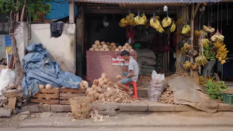 Tracking Shot Approaching Young Man Shaving Coconut Coir Fibre