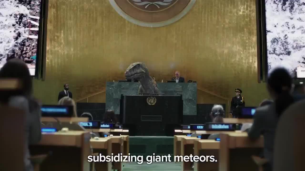 A dinosaur at the UN telling us to save the planet