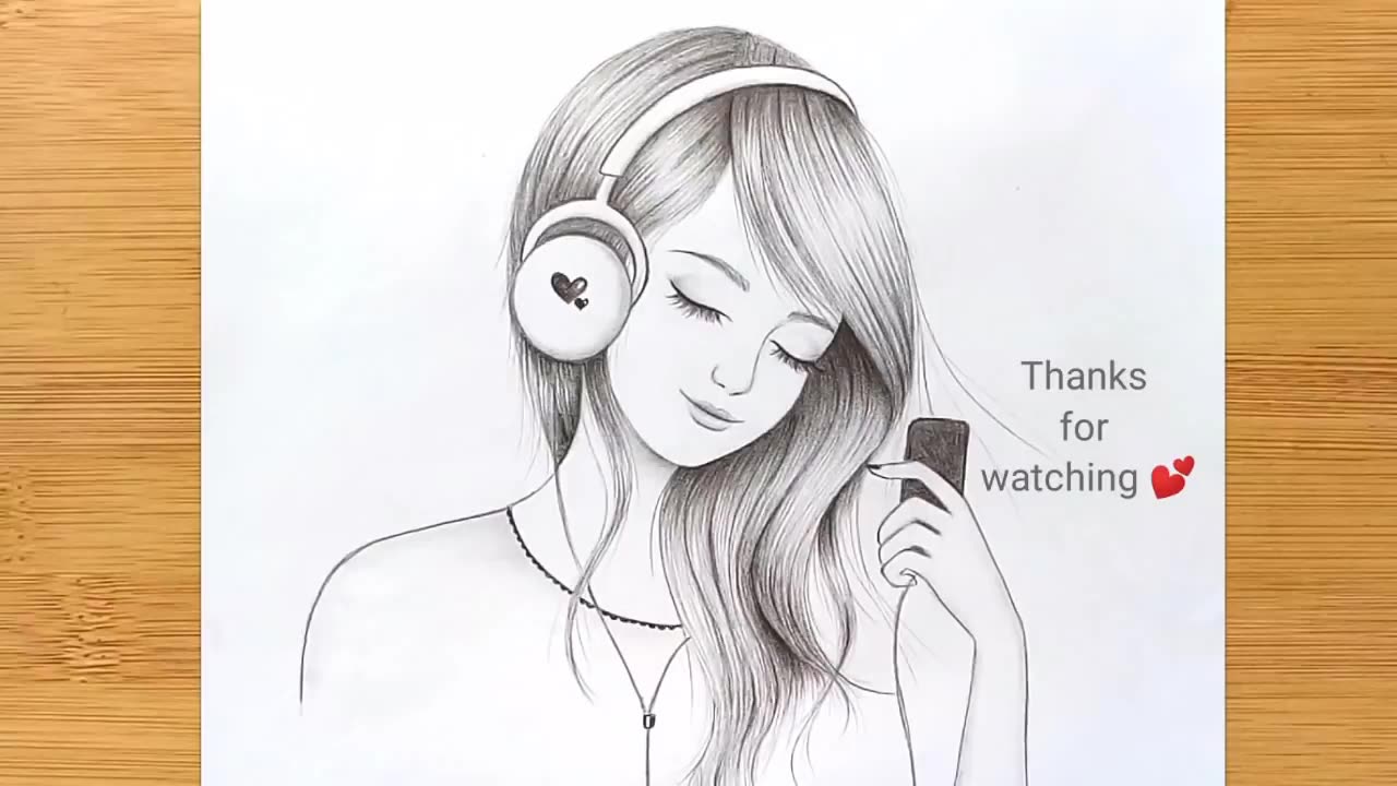 How to draw a beautiful girl with headphones -pencils sketch