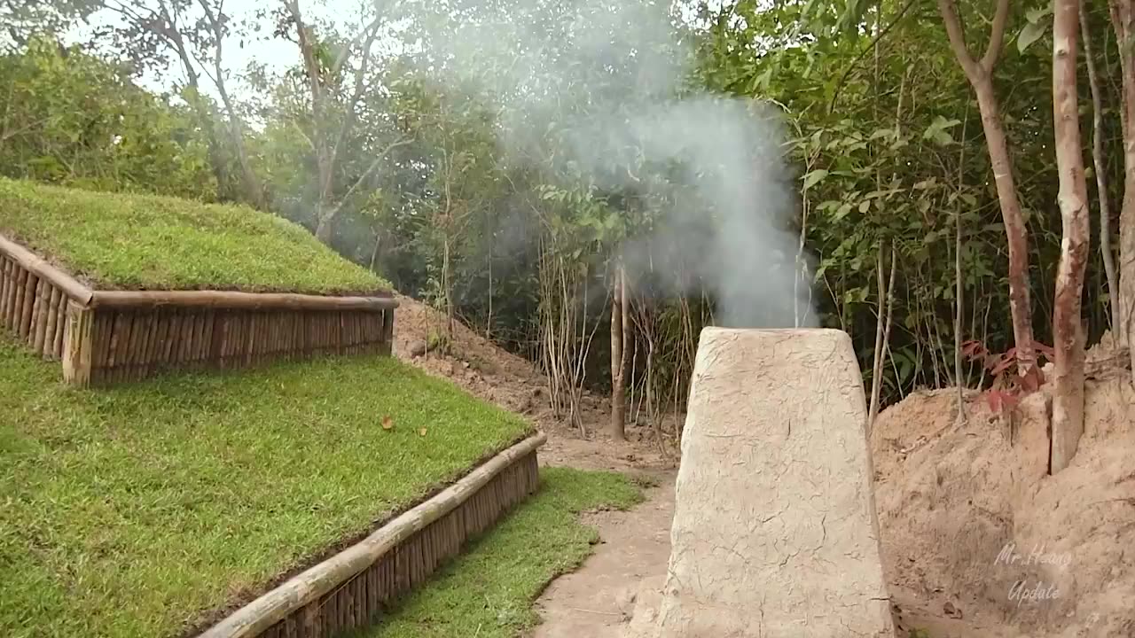 building underground hut🛖 with grass roof&fireplace with clay