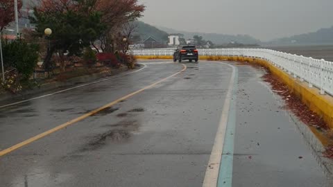 A car passing by the road on a rainy day