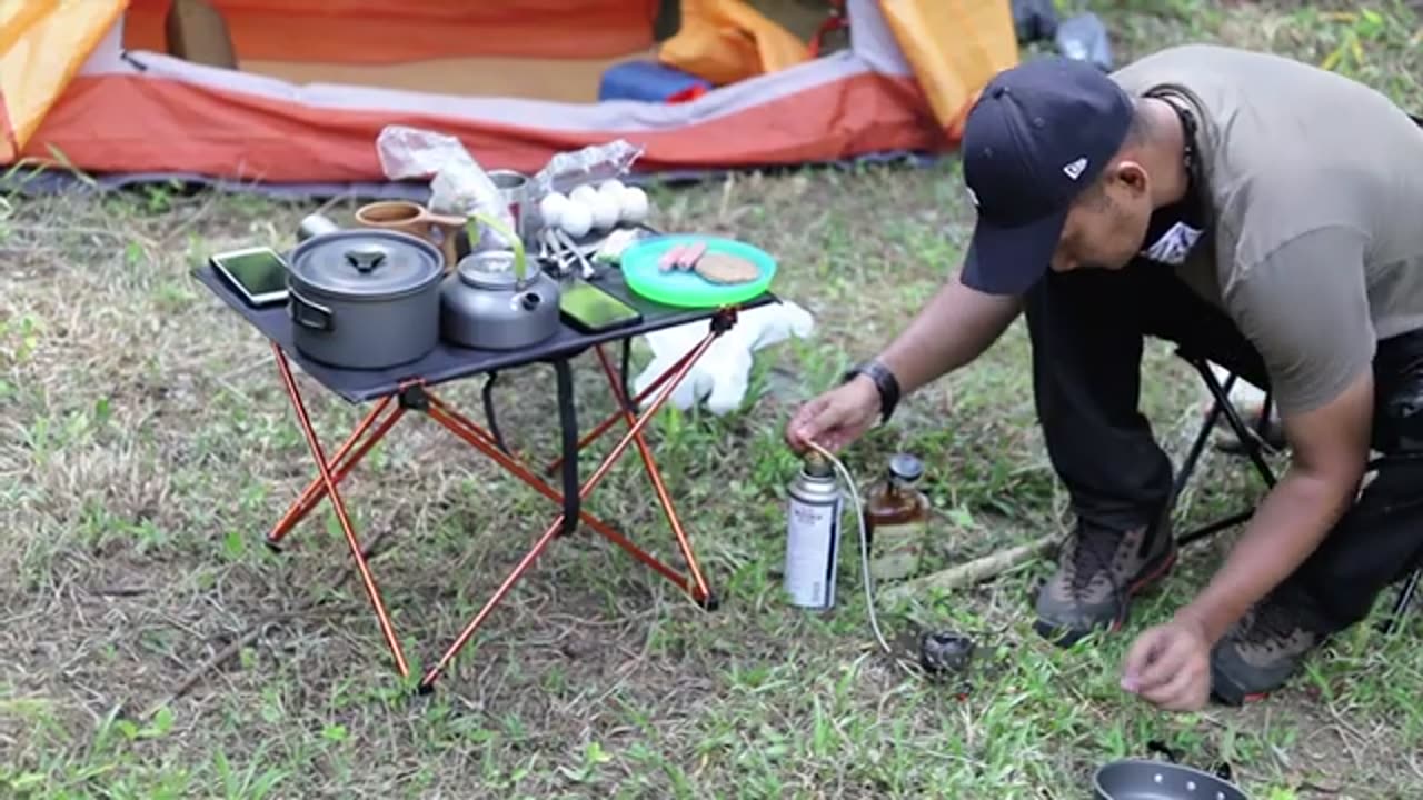 Solo Camping Hiking Cooking American Brakfast in the Forest sound ASMR