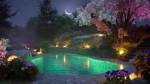 Enchanted pool in the spring forest at night - Crickets, Gentle Water, Light Wind Sounds for Relax