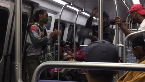 Men dancing and twisting body on train