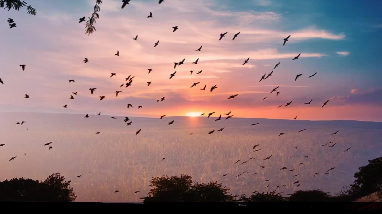 Hundreds of birds flying over the sea at sunset