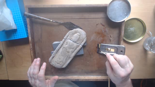 Traditional, lacquer based kintsugi, applying sabi to a Buddhist figure.