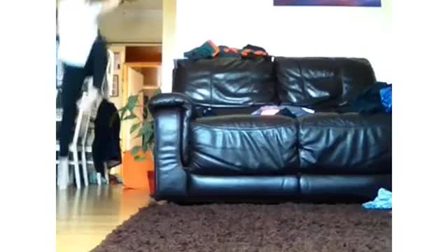 Collab copyright protection - girl front flip in living room fail